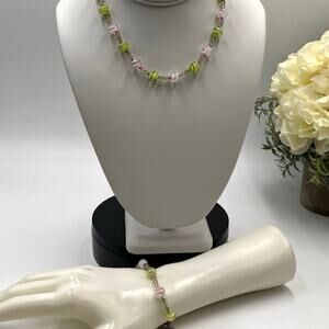 Murano Swirl Pink and Green Glass Beads and Crystal Bicone Necklace Bracelet Set